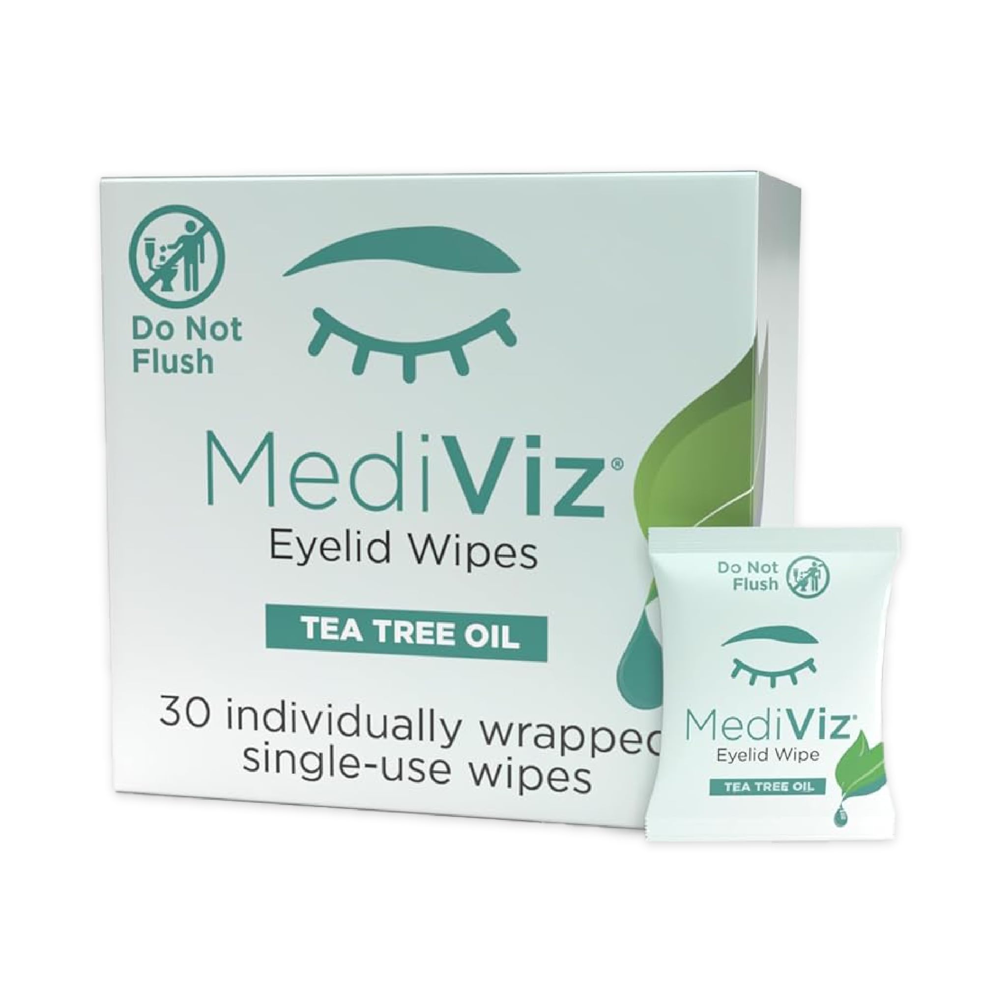 MEDIVIZ Tea Tree Eyelid Cleanser Wipes pack close-up for convenient eyelid care.