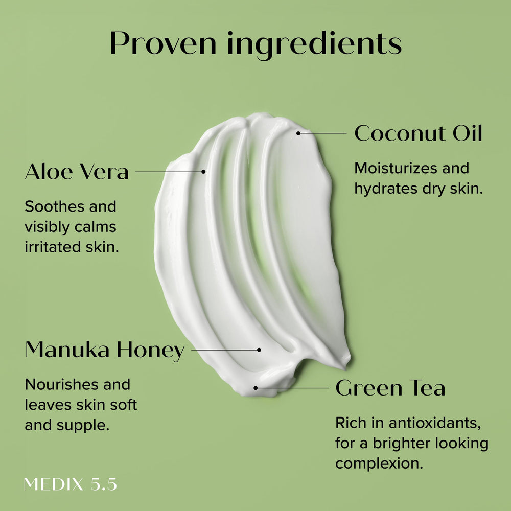 Applying Medix 5.5 cream after shower as part of routine.