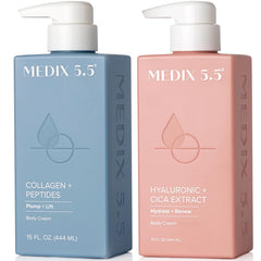 Medix 5.5 collagen cream bottle showing firming and smoothing benefits.