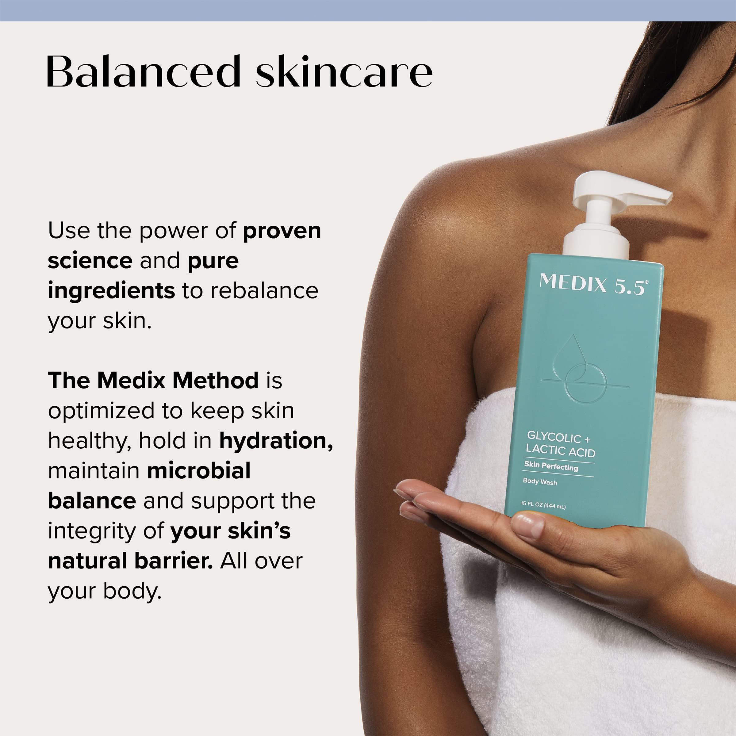 Medix 5.5 dual-use cleanser image hints daily exfoliation for body and face.
