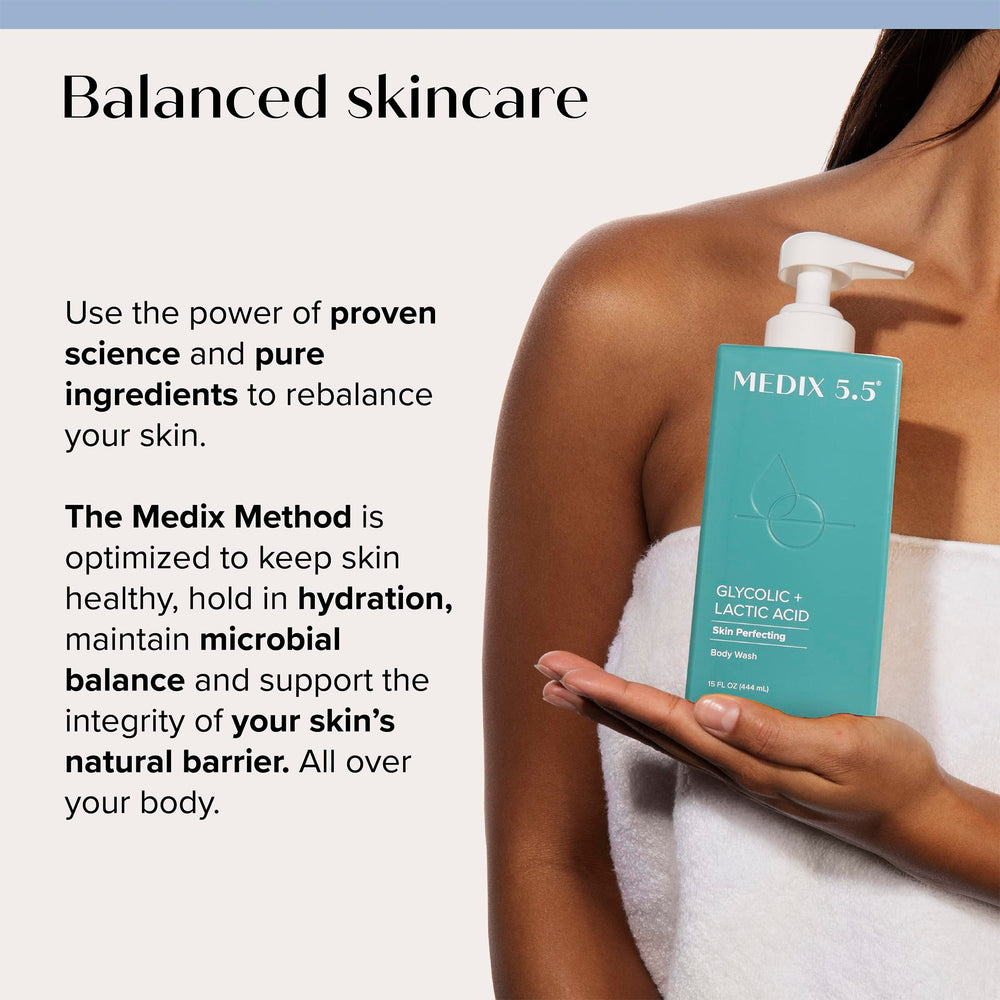 Medix 5.5 dual-use cleanser image hints daily exfoliation for body and face.