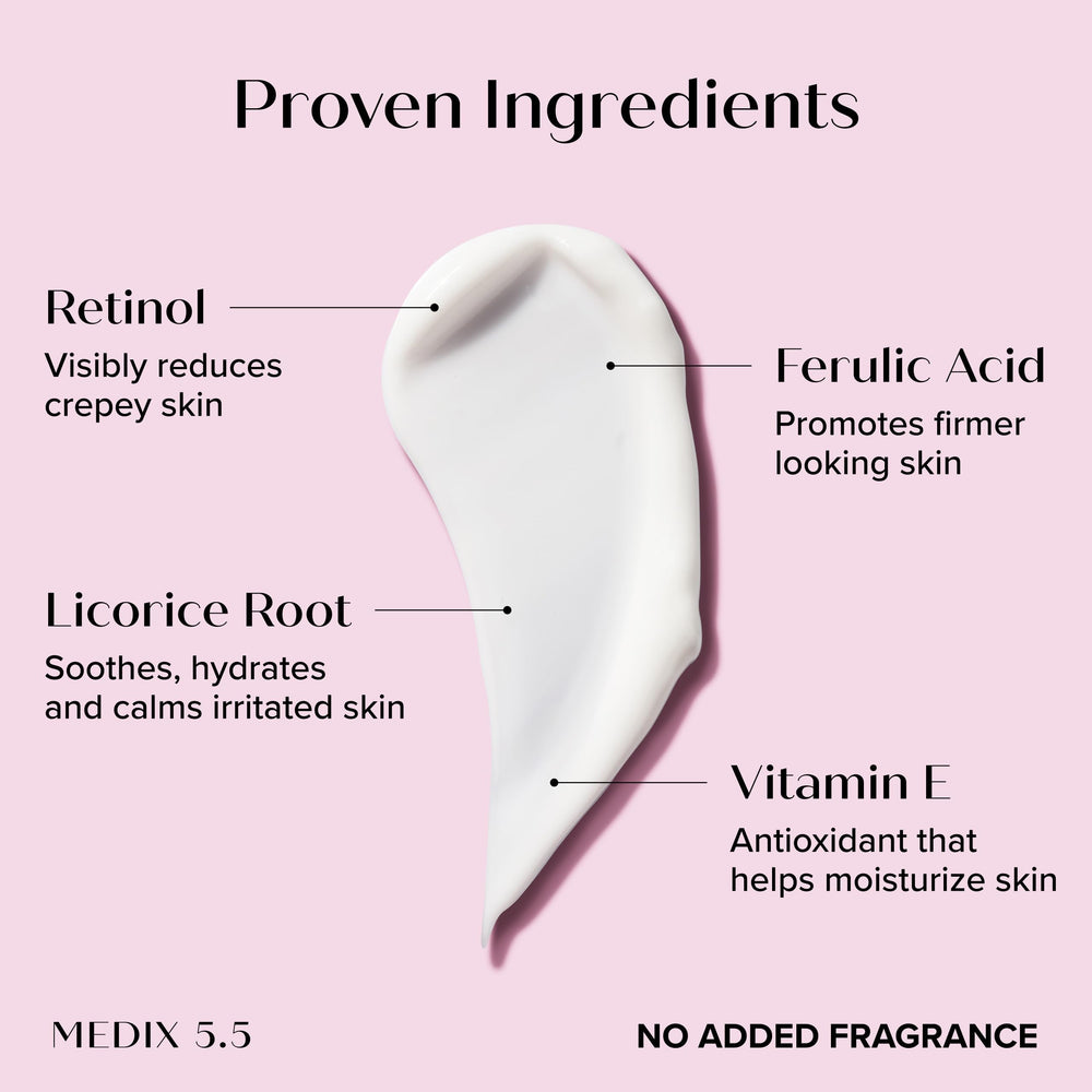 Medix 5.5 fragrance-free retinol moisturizer on clean face for smoother skin.