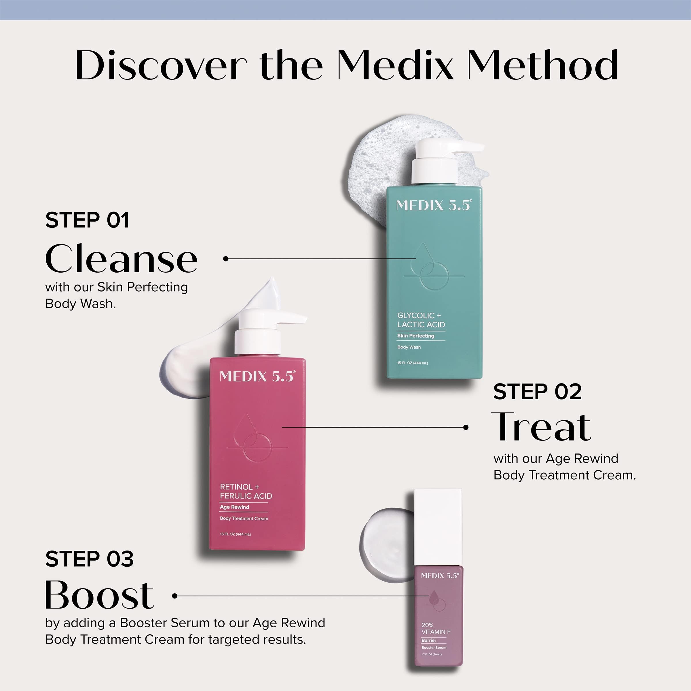 Medix 5.5 retinol body cream tube highlighting hydrating, smoothing benefits for the skin.