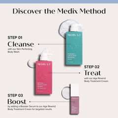 Medix 5.5 retinol body cream tube highlighting hydrating, smoothing benefits for the skin.