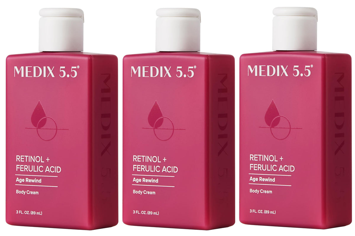 Medix 5.5 Retinol Body Lotion bottle with pump for quick, hydrating application.