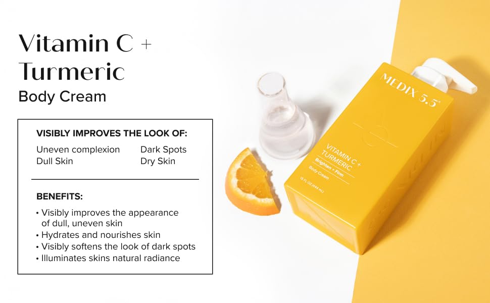 Turmeric glow element suggests radiance for uneven skin tone.