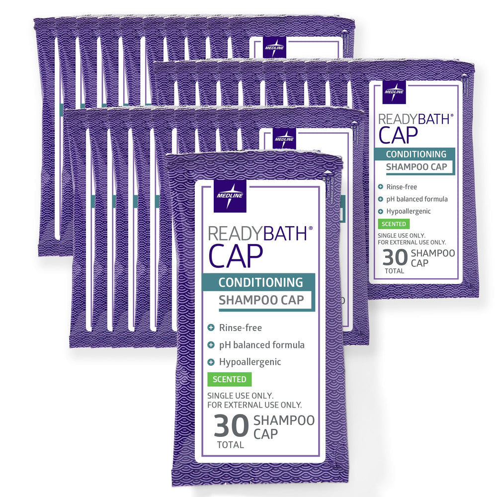 Medline ReadyBath scented rinse-free cap closeup showing quick cleansing and conditioning.