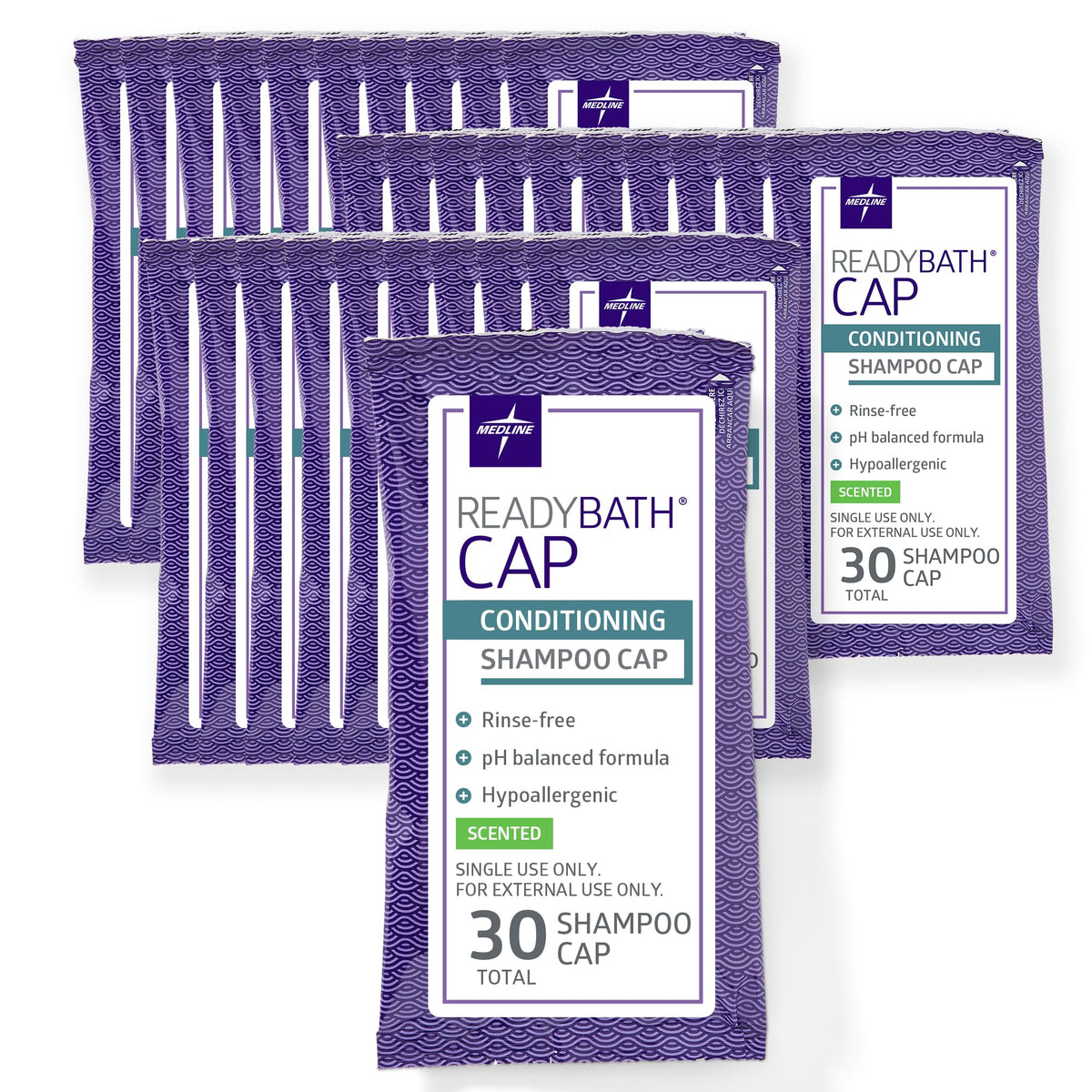 Medline ReadyBath scented rinse-free cap closeup showing quick cleansing and conditioning.