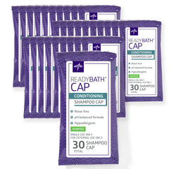 Medline ReadyBath scented rinse-free cap closeup showing quick cleansing and conditioning.