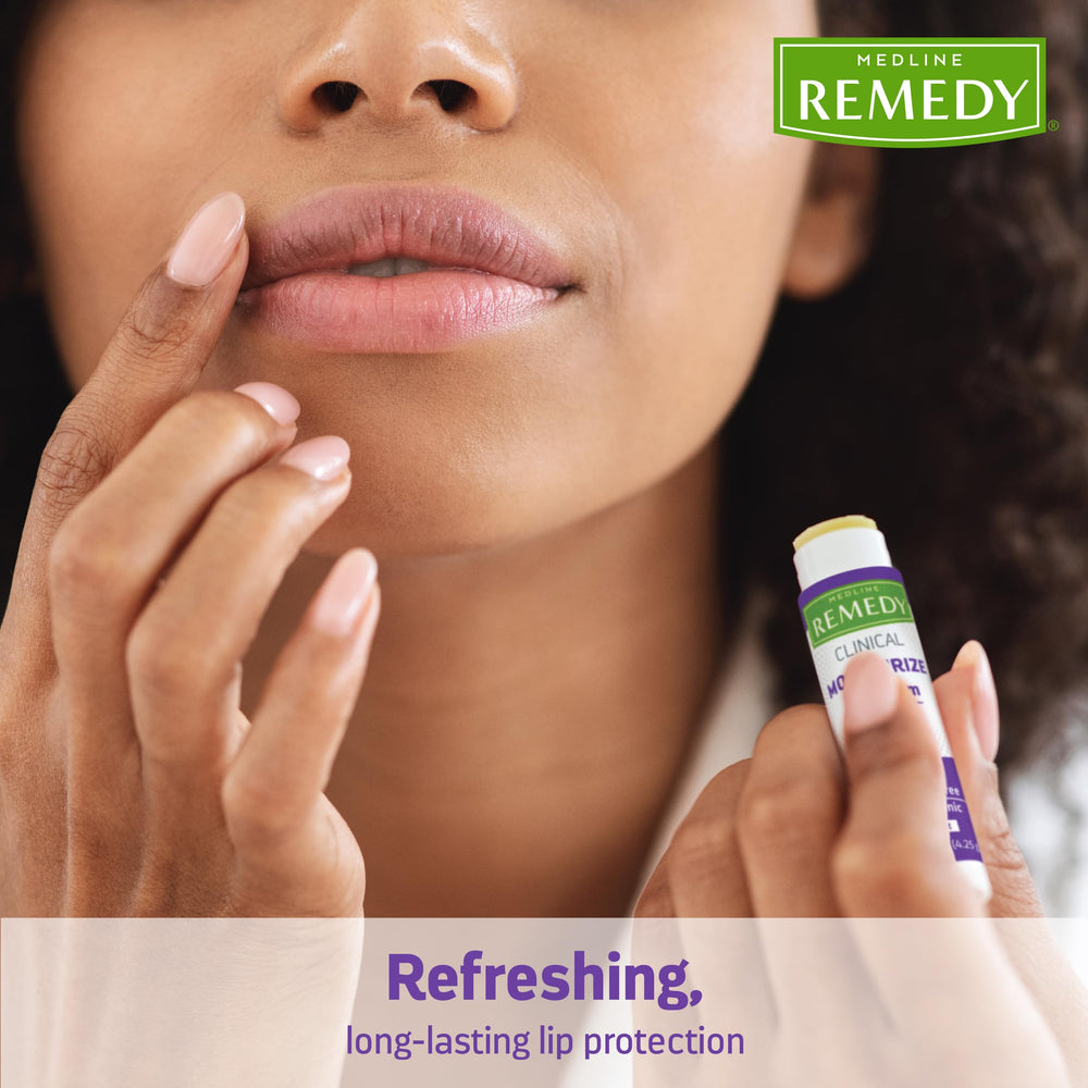 Envase portátil del bálsamo labial clínico Medline Remedy para llevar contigo.