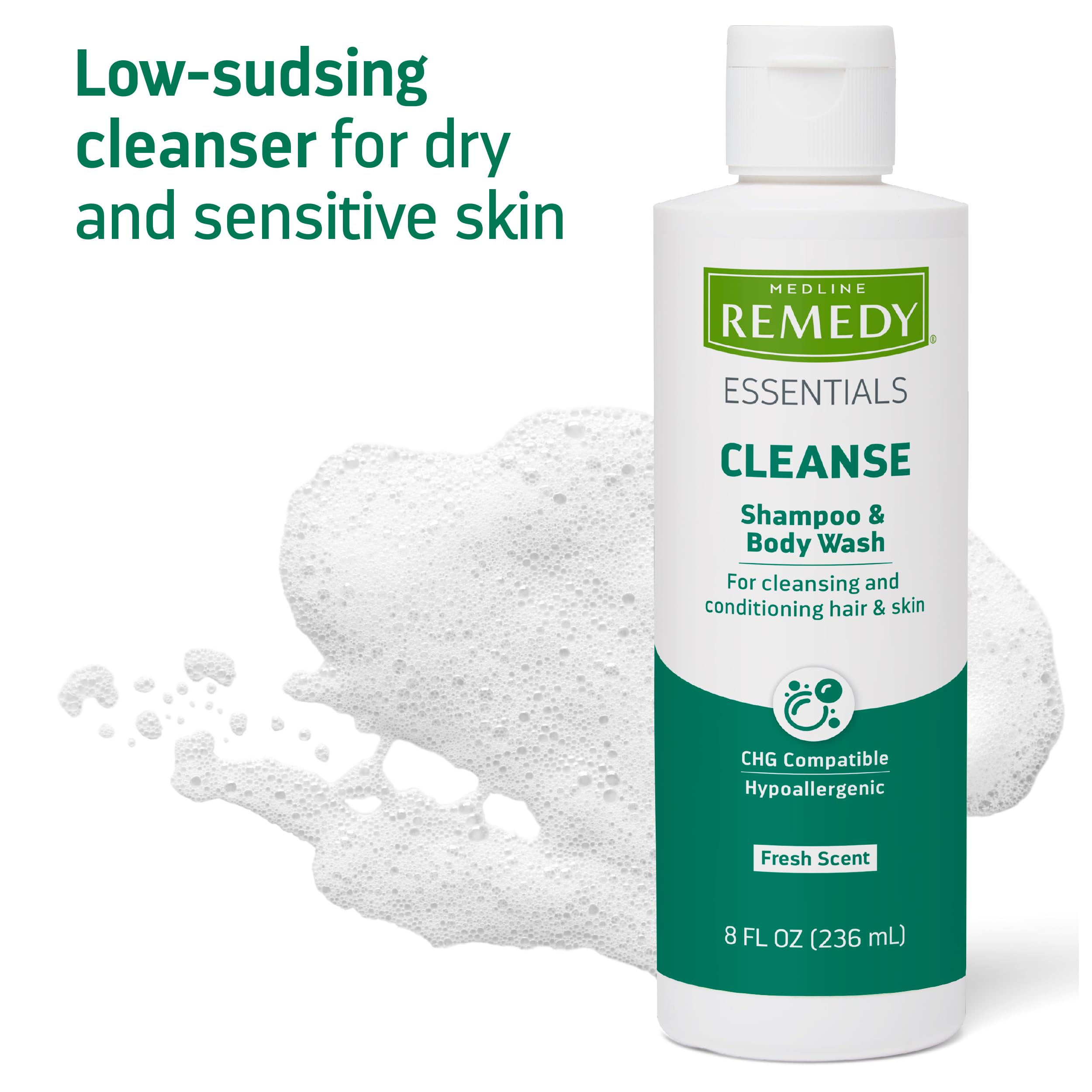 Medline Remedy Essentials: lavado en baño con enjuague, cabello y piel limpios.