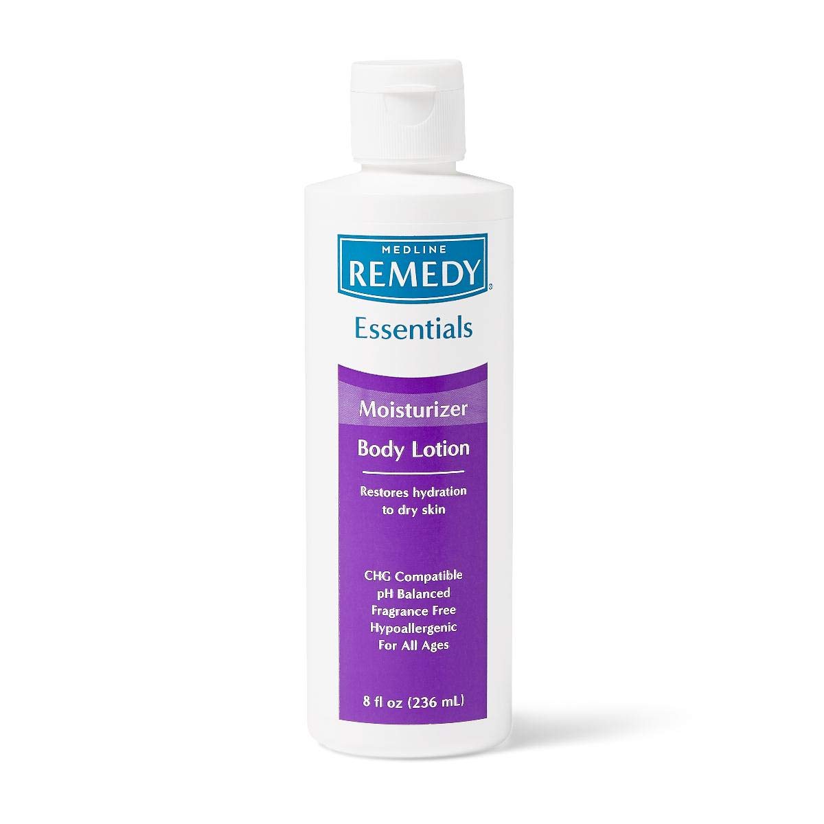 Medline Remedy Essentials Unscented Moisturizing Lotion bottle highlighting quick absorption for dry skin