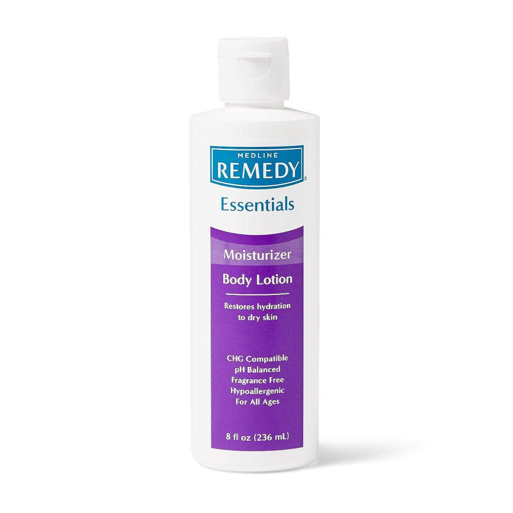 Medline Remedy Essentials Unscented Moisturizing Lotion bottle highlighting quick absorption for dry skin
