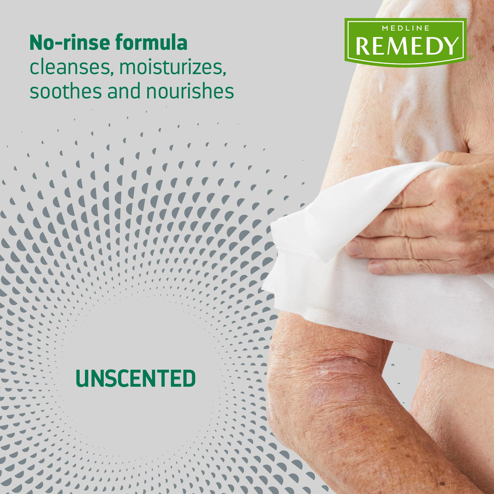 Medline Remedy No-Rinse Foam Cleanser on skin shows gentle cleansing foam.