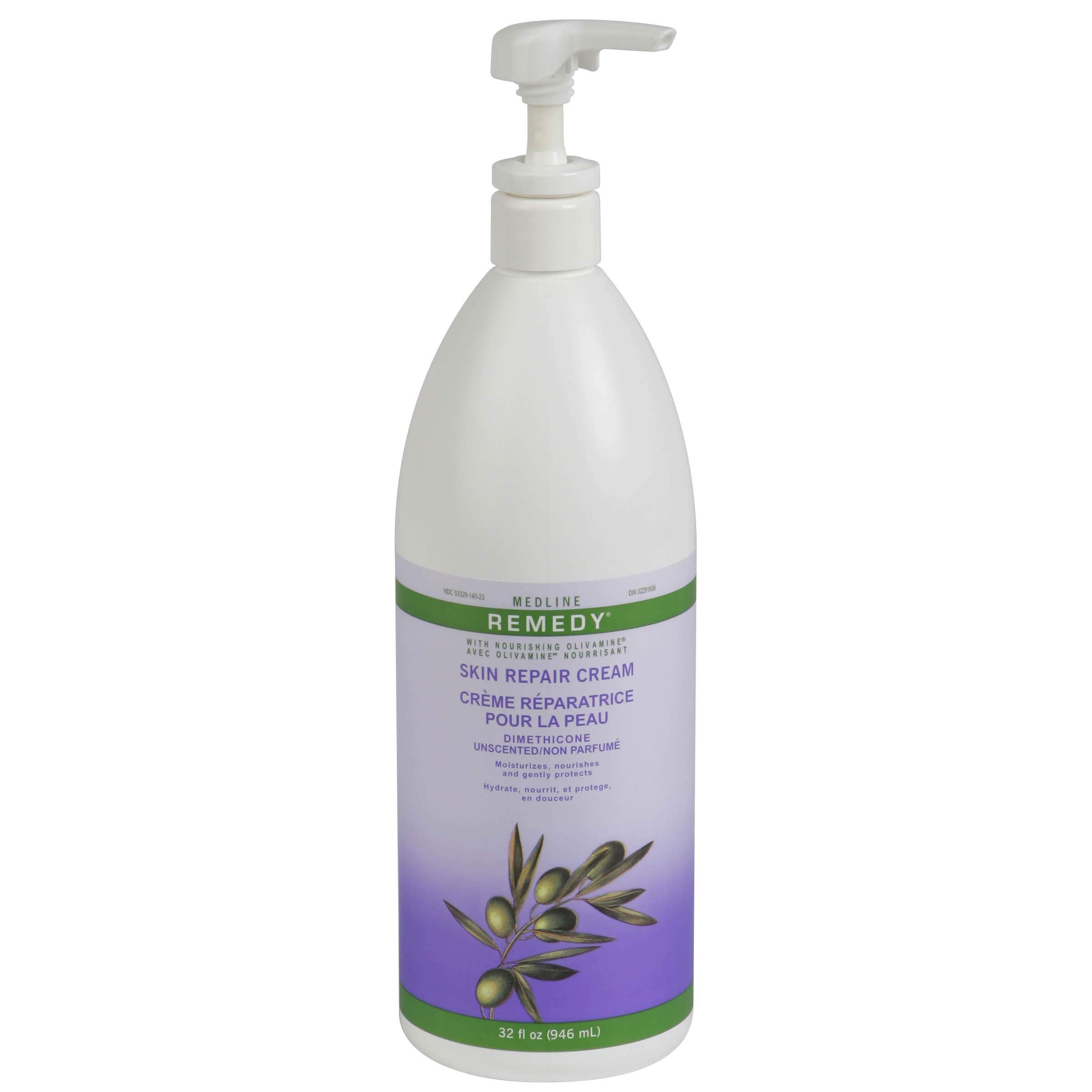 Medline Remedy Unscented Olivamine Skin Repair Cream bottle shows skin-saving formula for dry skin relief