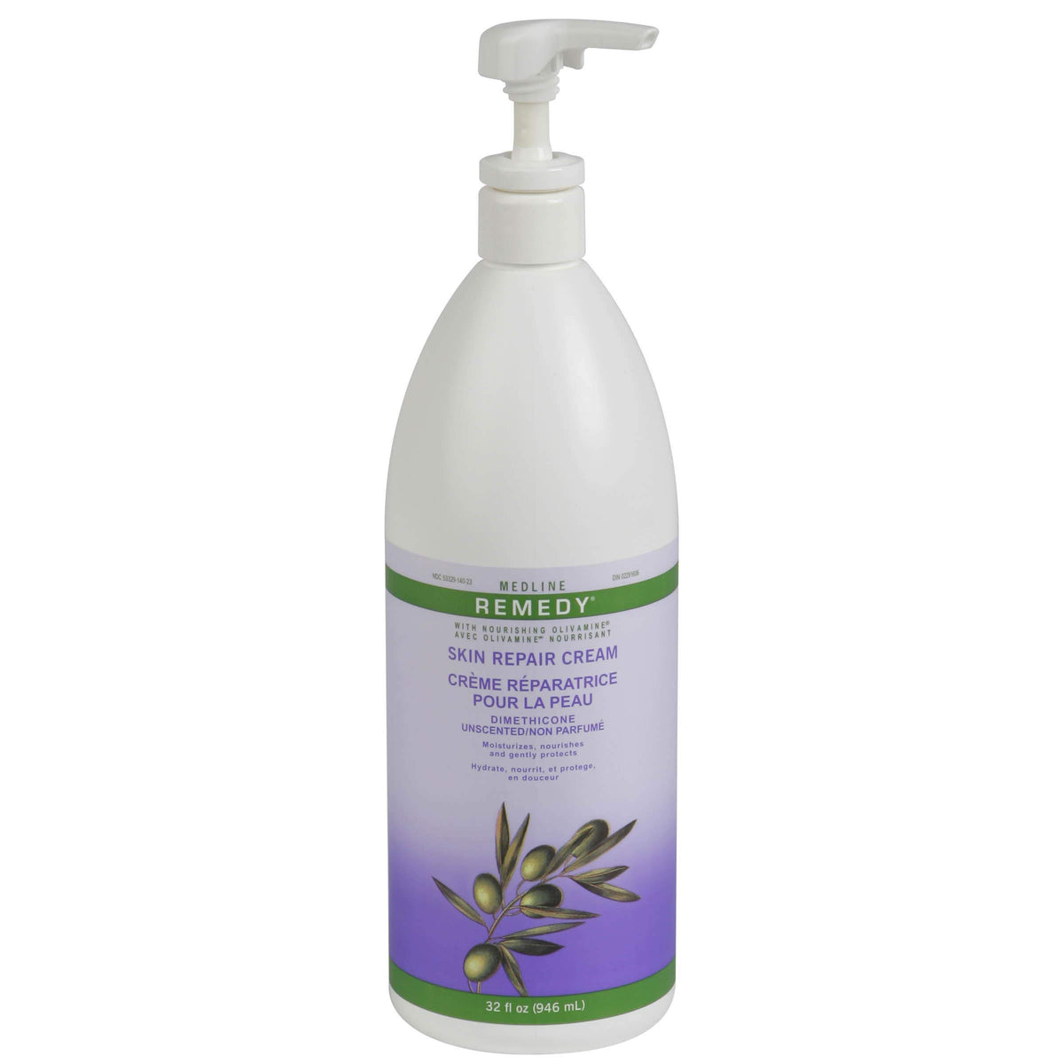 Medline Remedy Unscented Olivamine Skin Repair Cream bottle shows skin-saving formula for dry skin relief