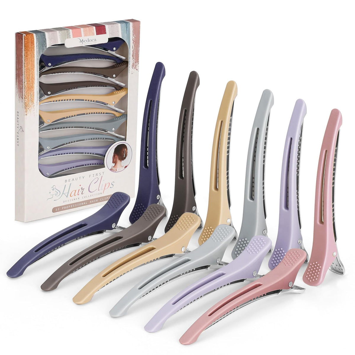 Medoca duck-billed hair clip in ashen color aids secure sectioning during blowouts.