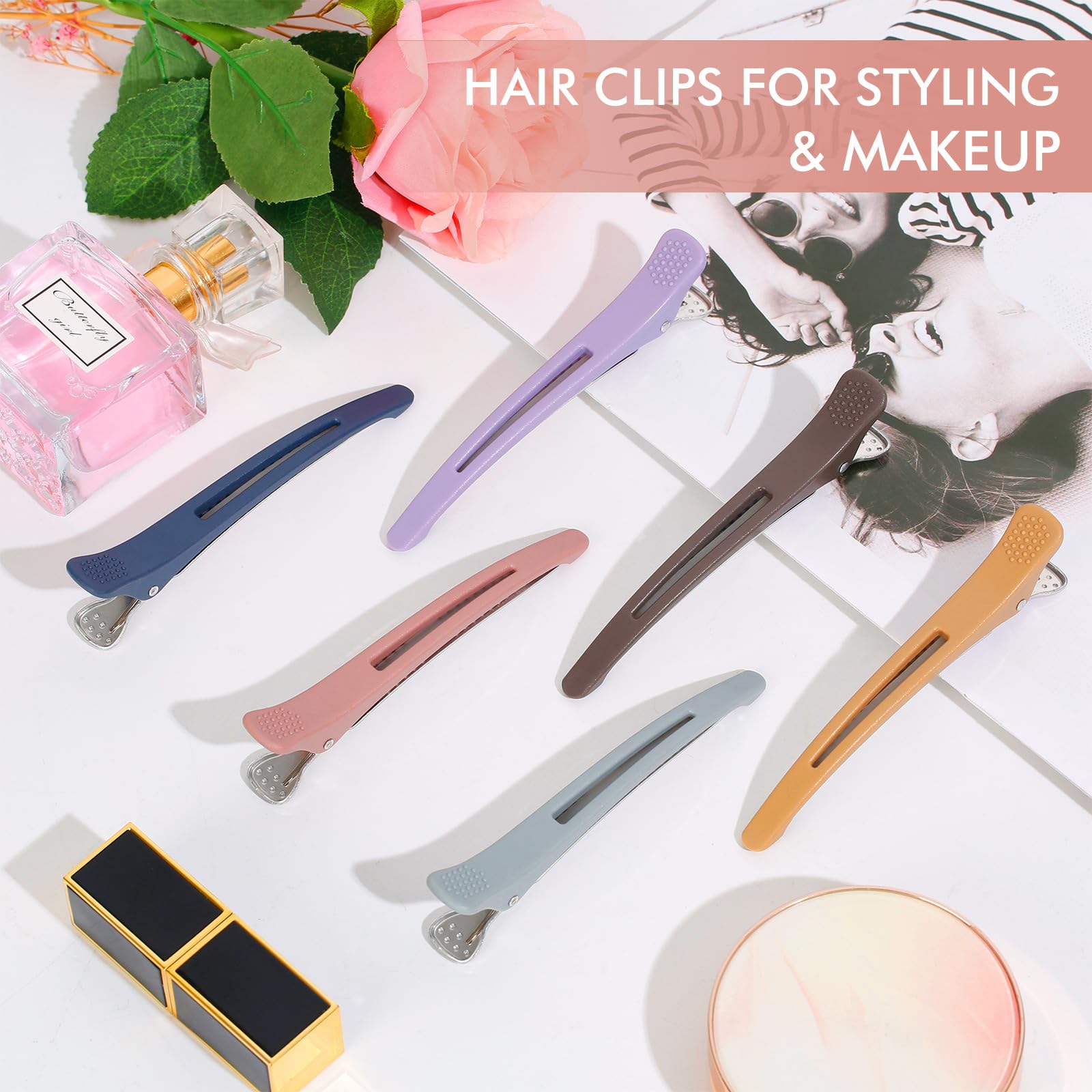 Medoca duck-billed clip with silicone grip minimizes creases around hot tools.