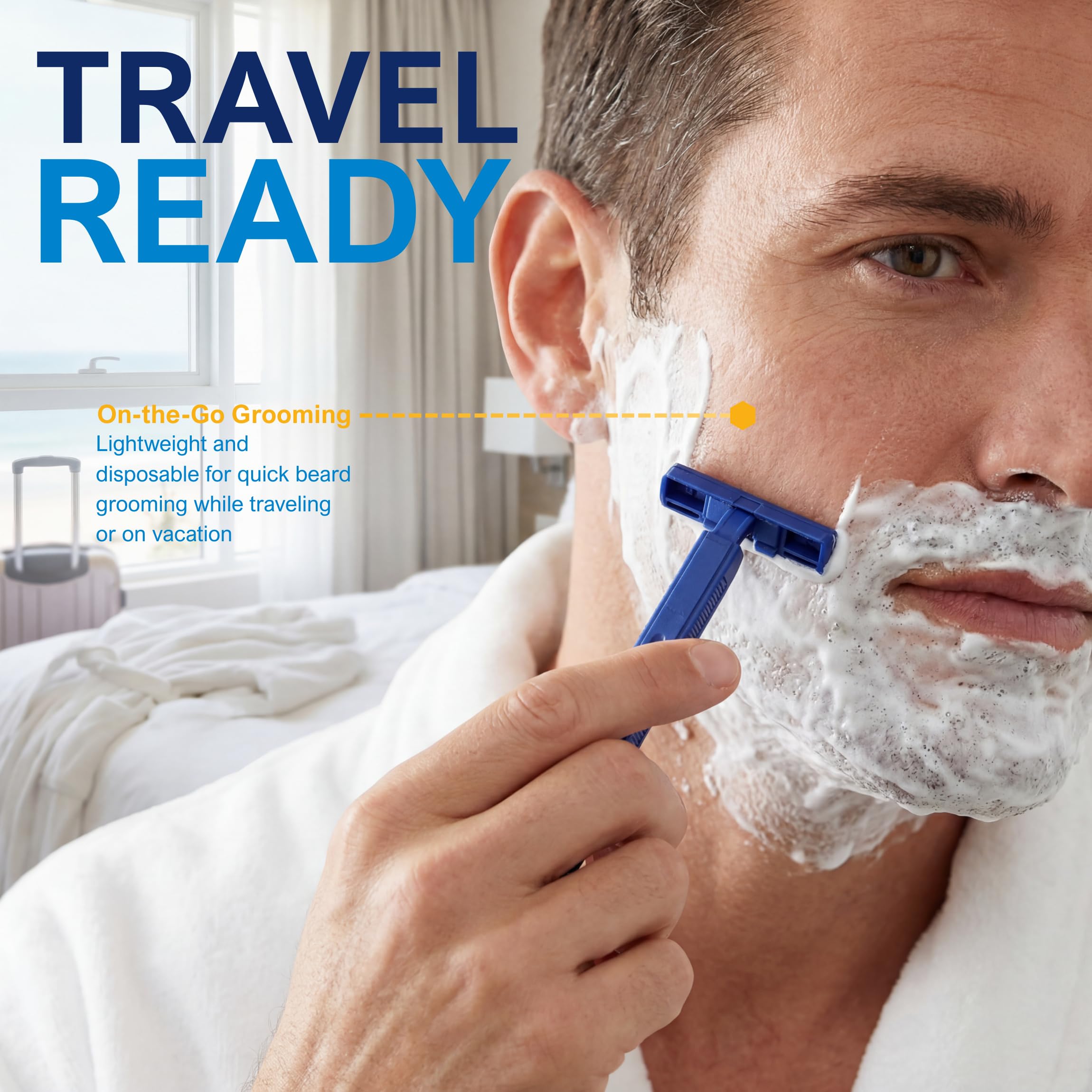 Medpride 50-pack bulk razors arranged to emphasize long-lasting supply.