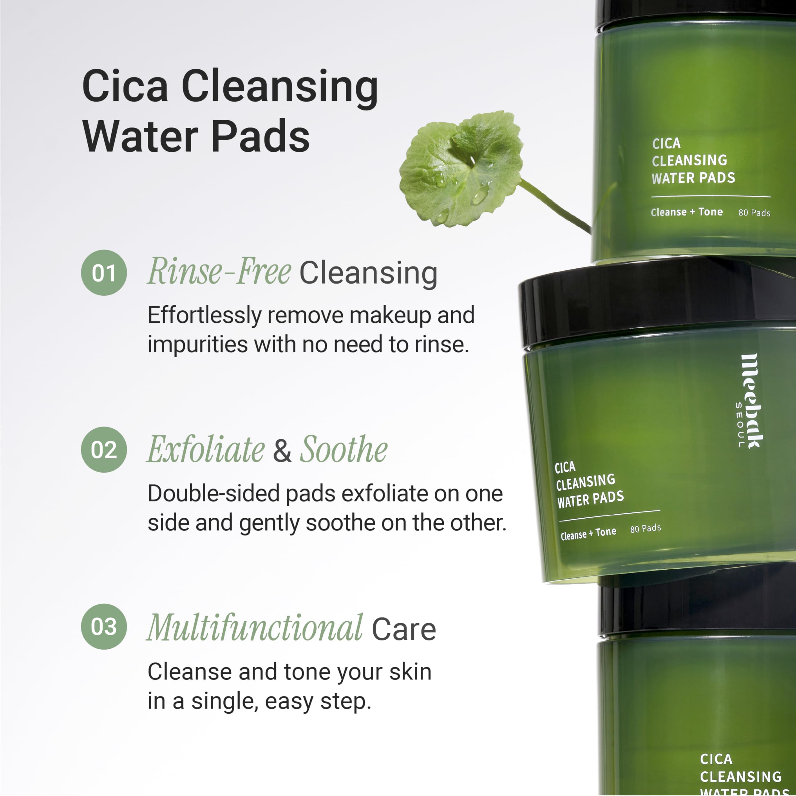 Meebak Cica Cleansing Water Pads double-sided cotton pad for exfoliation and cleansing.