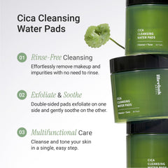 Meebak Cica Cleansing Water Pads double-sided cotton pad for exfoliation and cleansing.
