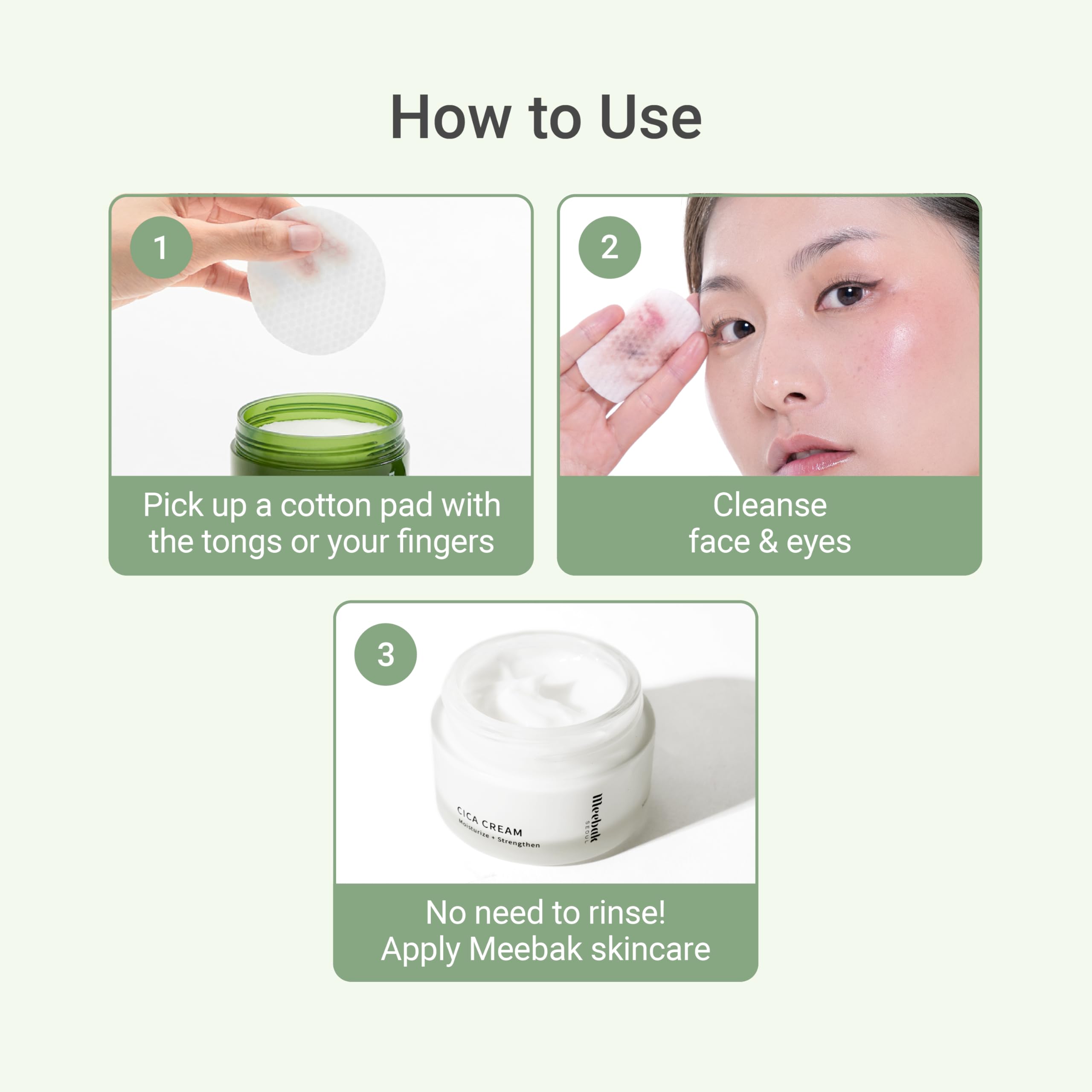 Meebak Cica Cleansing Water Pads toner prep shot preparing skin for routine.