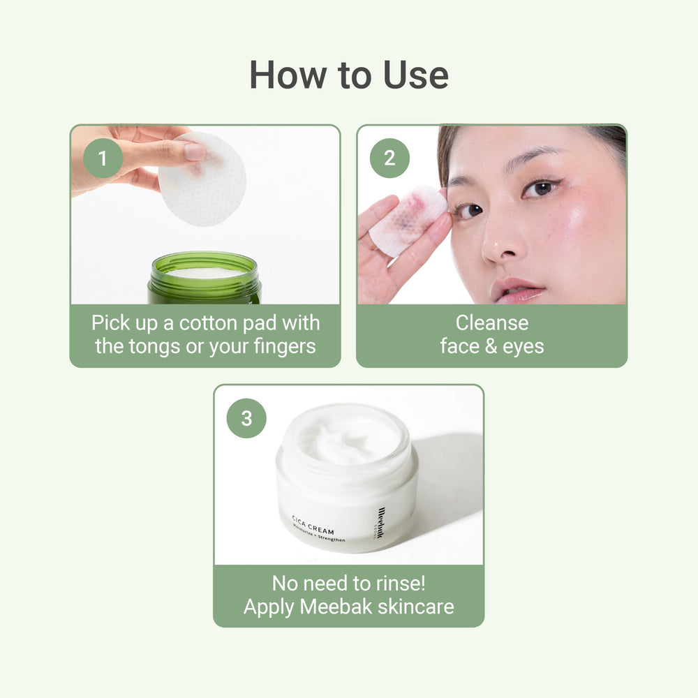 Meebak Cica Cleansing Water Pads toner prep shot preparing skin for routine.
