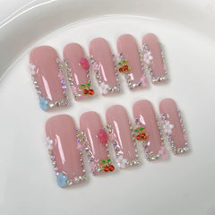 Meemooron uñas postizas largas y cuadradas con cerezas 3D para un acabado elegante.