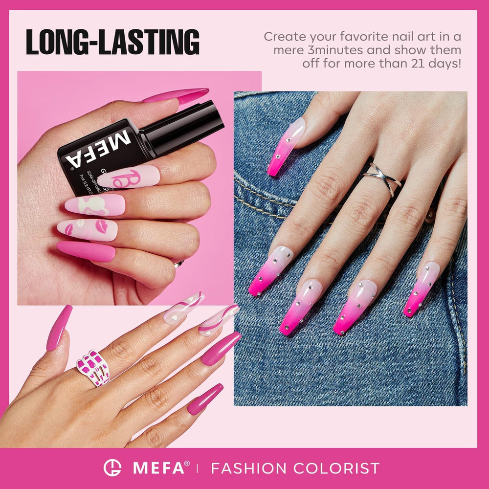 MEFA pink gel nail polish bottle close-up showing smooth brush texture and even coverage