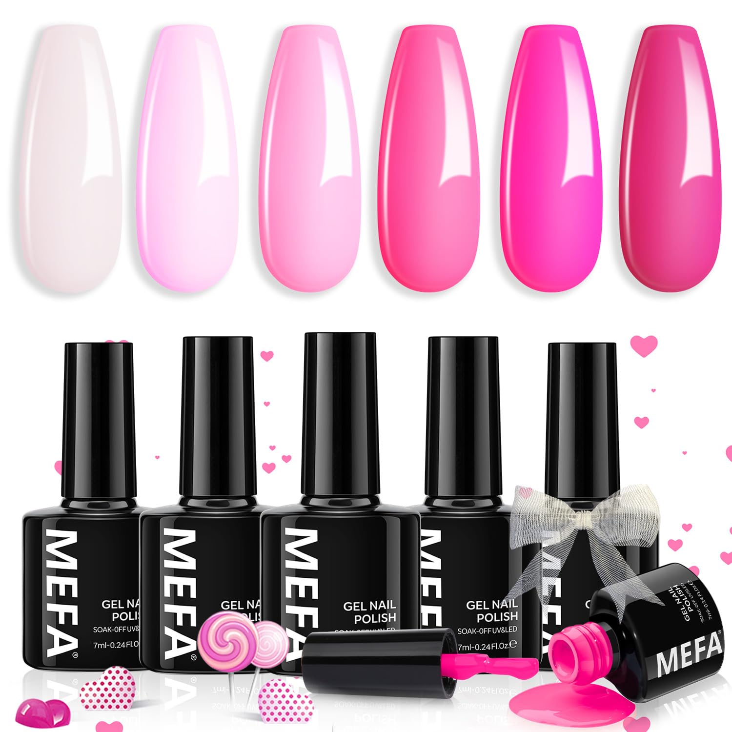 MEFA pink gel nail polish set displayed with six versatile shades for DIY manicures