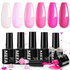 MEFA pink gel nail polish set displayed with six versatile shades for DIY manicures