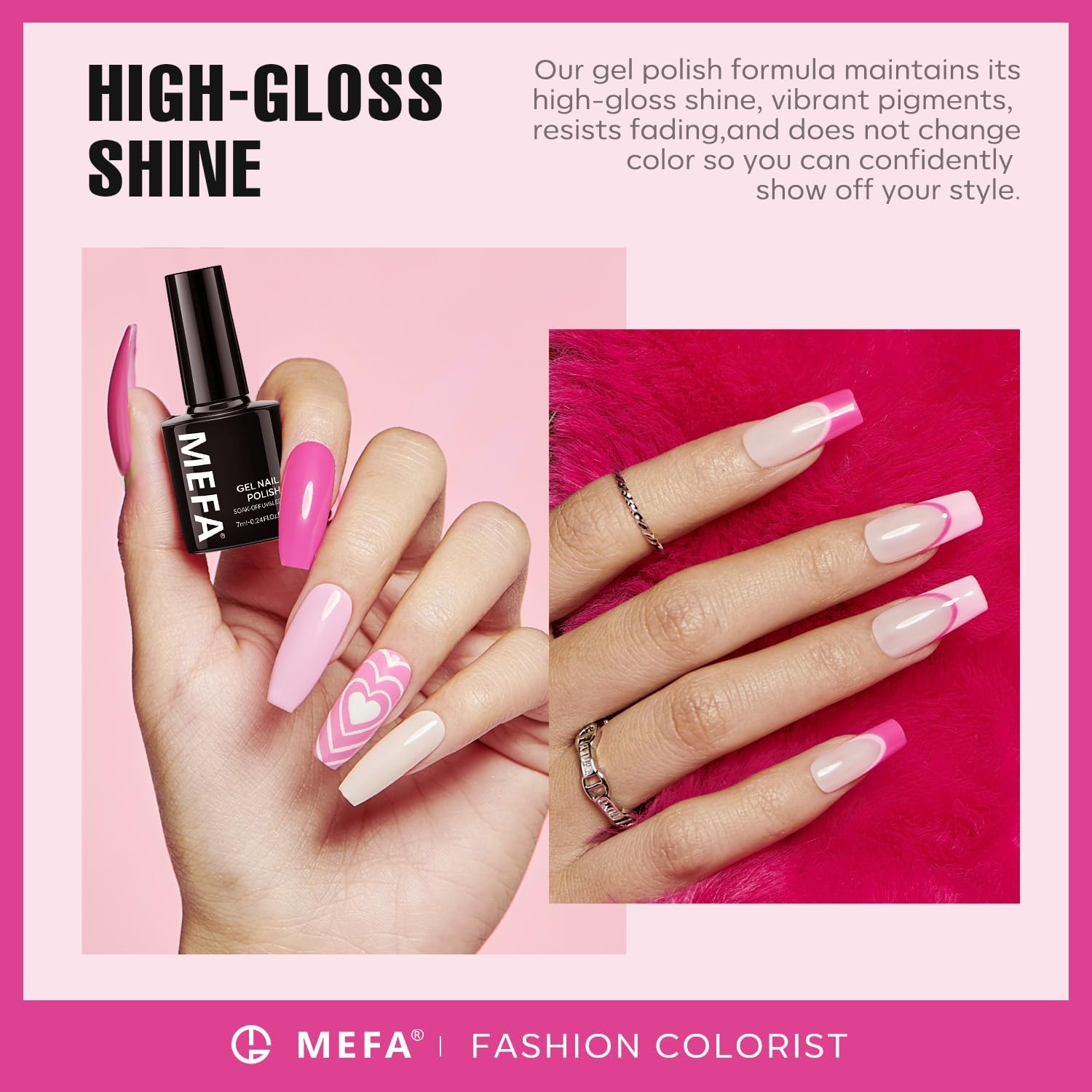MEFA pink gel nail polish swatch previewing color payoff and shine