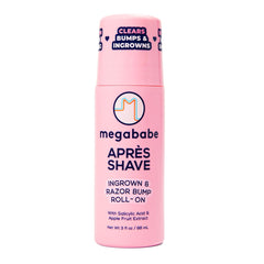 Megababe Après Shave bottle shown for post-shave care and ingrown hair prevention.