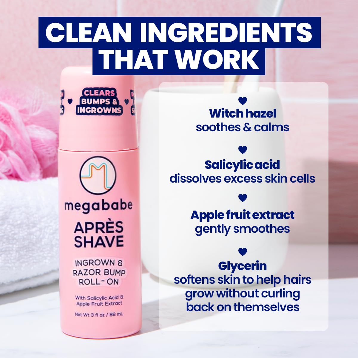 Megababe Après Shave clarifying tonic with BHA helps clear clogged pores.