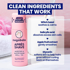 Megababe Après Shave clarifying tonic with BHA helps clear clogged pores.