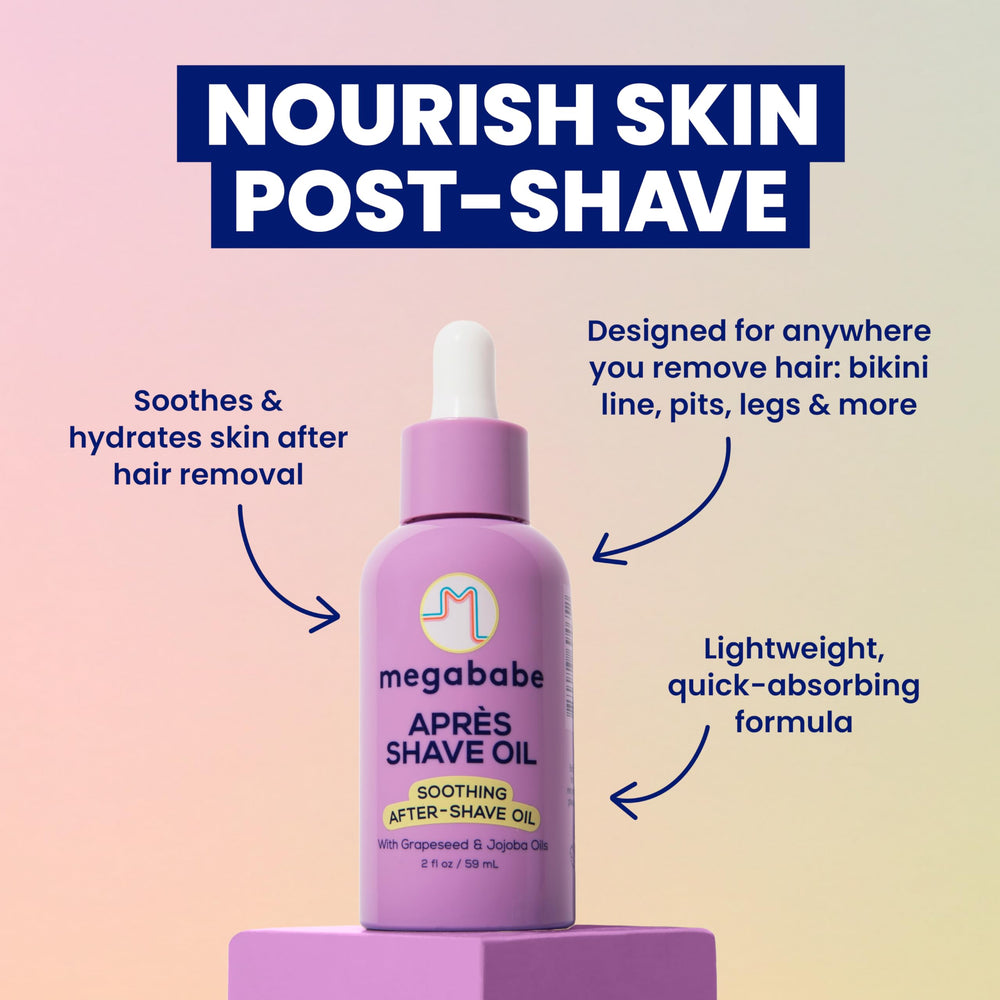 Megababe Après Shave Oil: textura ligera que se absorbe sin dejar grasa en la piel.