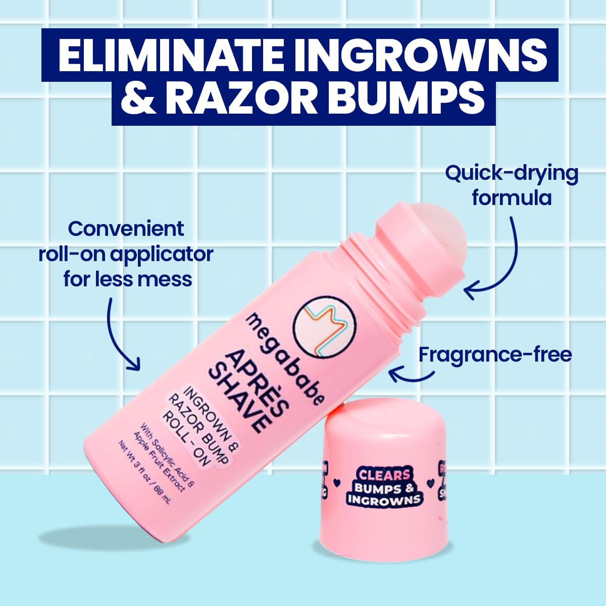 Megababe Après Shave roller-ball demonstrates easy, mess-free application.