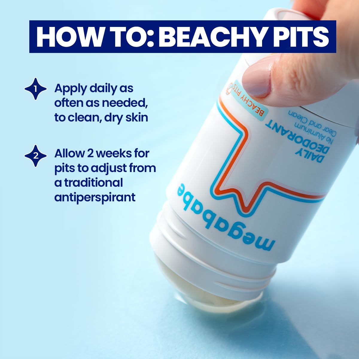 Megababe Beachy Pits en barra en la mano para una aplicación fácil.