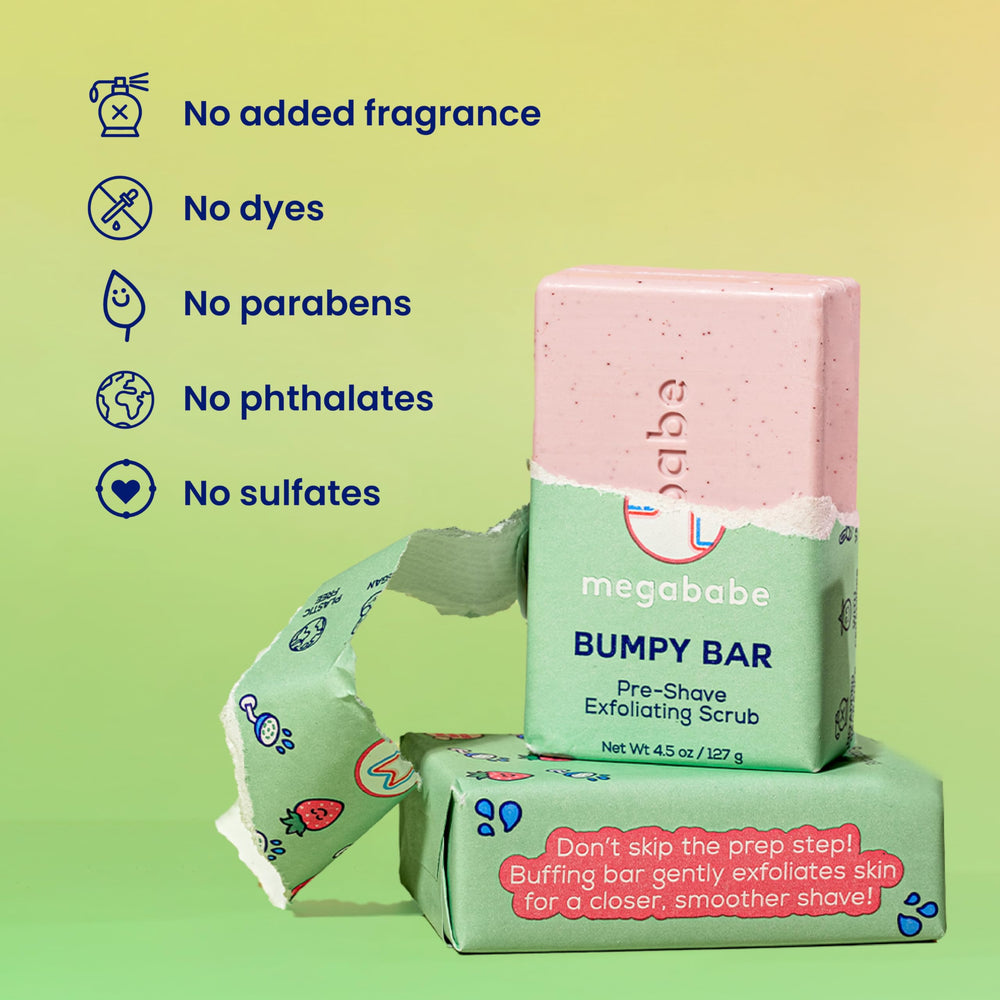 Megababe Bumpy Bar packaging highlights bottle-free, recyclable design.
