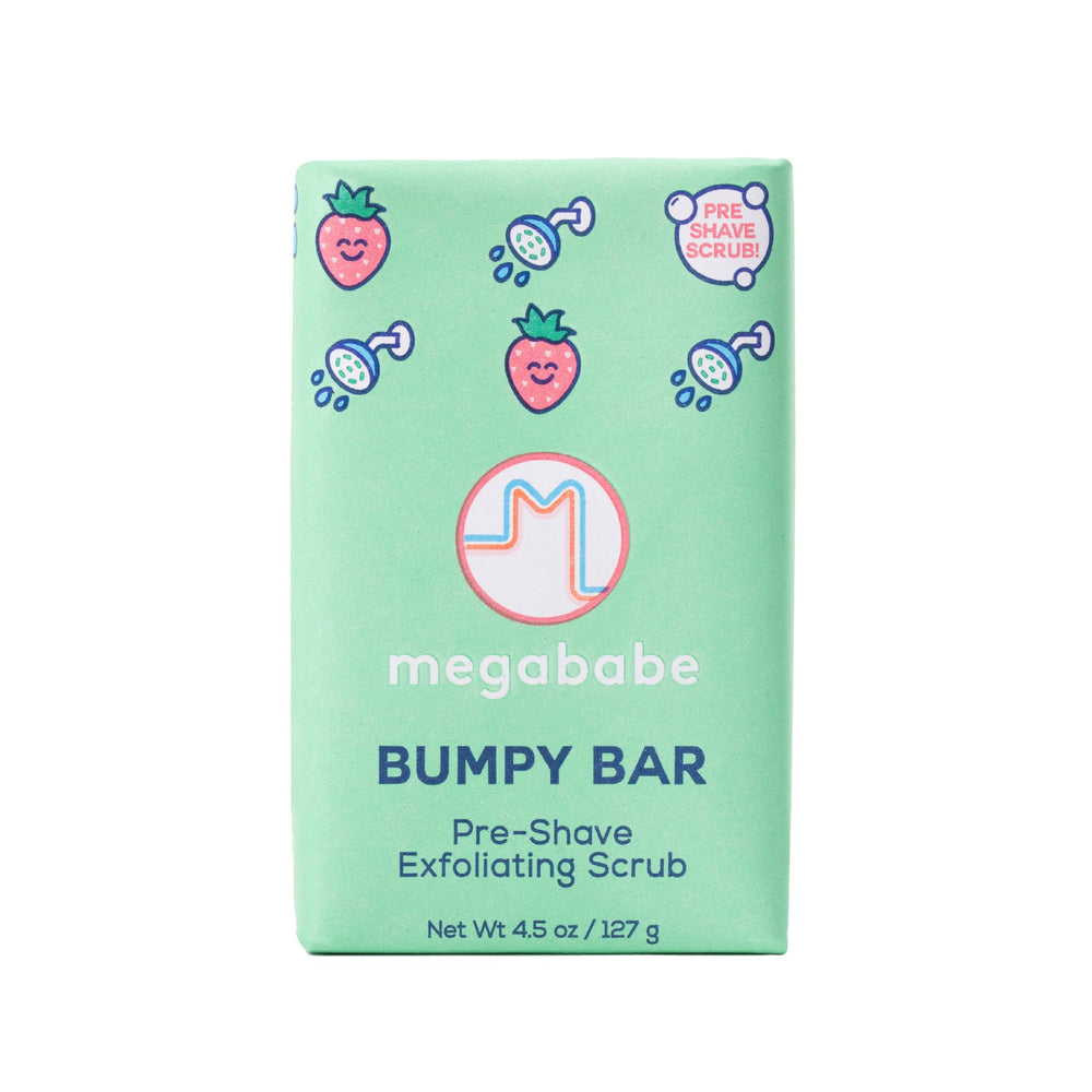 Megababe Bumpy Bar solid exfoliator ready for pre-shave prep and smoother skin.