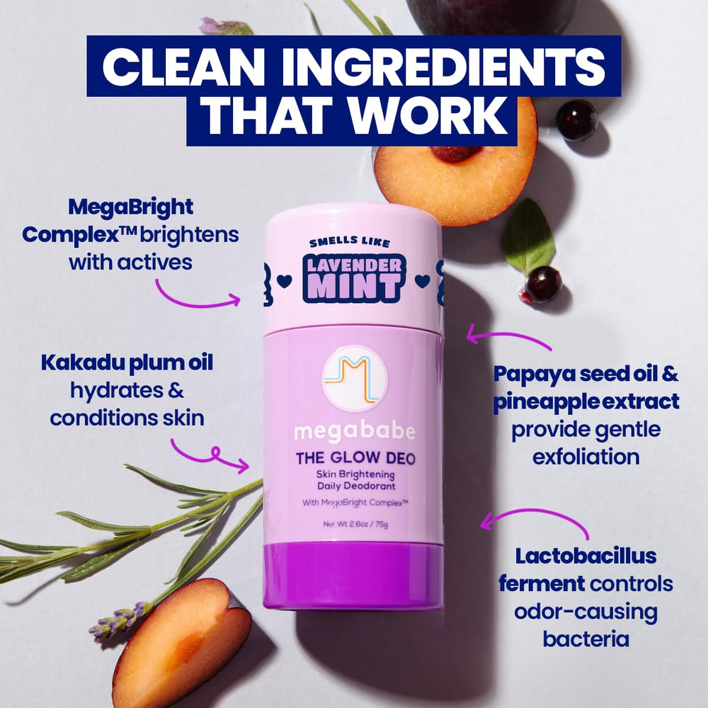 Aroma de lavanda y menta de Megababe Glow Deo para sensación fresca.