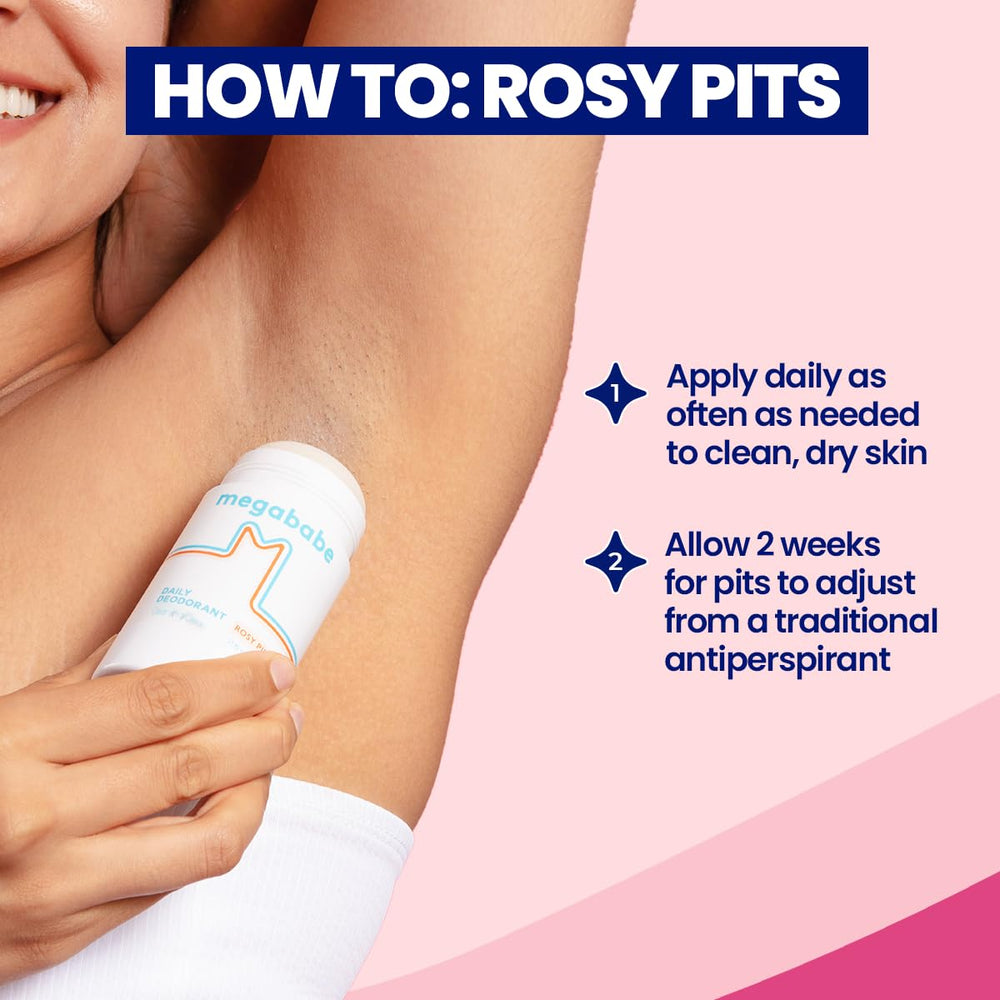 Megababe Rosy Pits, aprobado por dermatólogos para piel sensible.