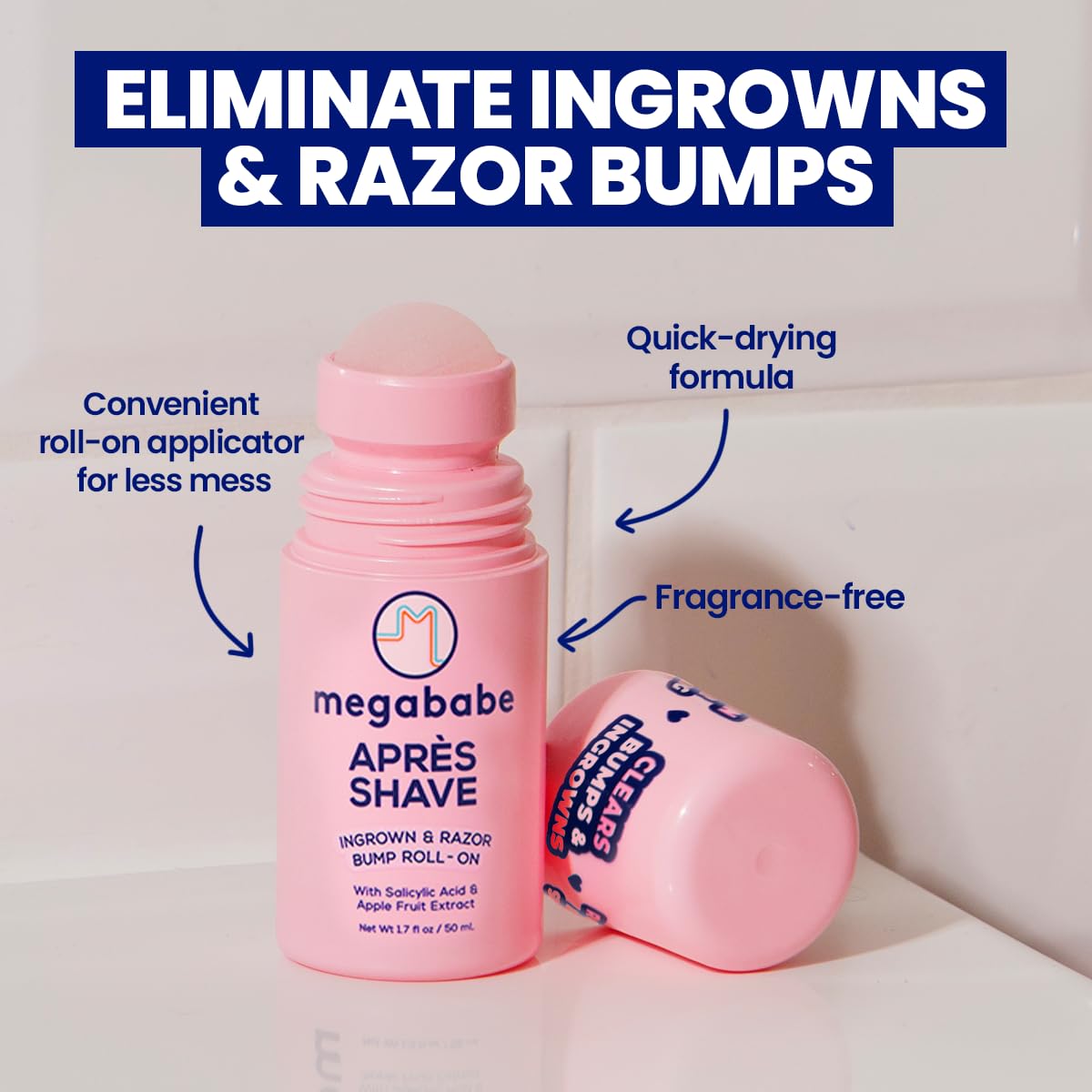 Megababe Mini Après Shave roller applying a mess-free coat on the skin