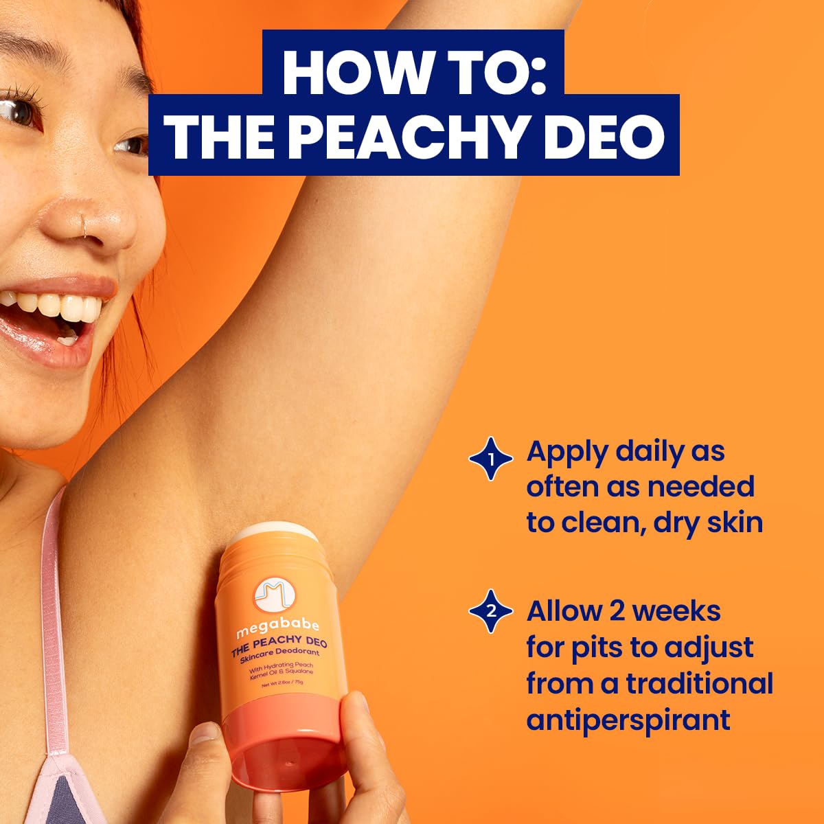 Megababe Peachy Deo aroma durazno vainilla con toques de sal marina y néctar para un aroma refrescante.