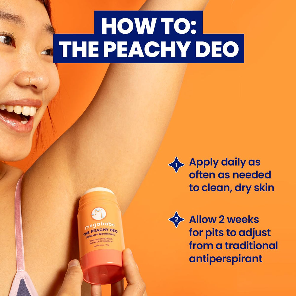 Megababe Peachy Deo aroma durazno vainilla con toques de sal marina y néctar para un aroma refrescante.