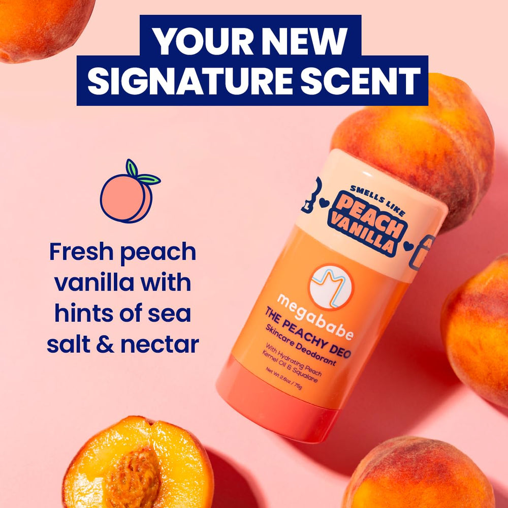 Megababe Peachy Deo empaque, cuidado de la piel al desodorante, tamaño práctico para bolso.