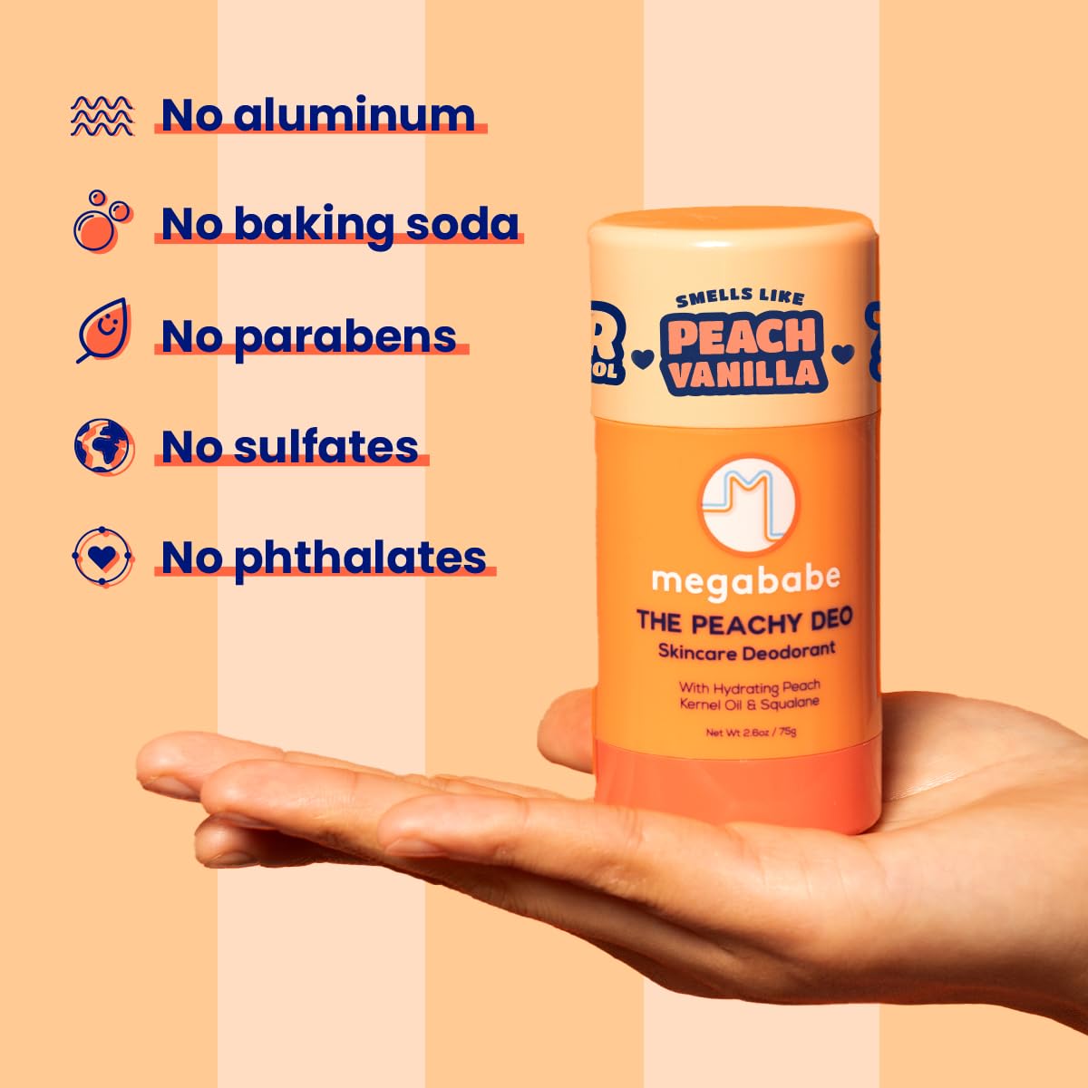 Megababe Peachy Deo envase compacto, formato perfecto para viaje y retoques.
