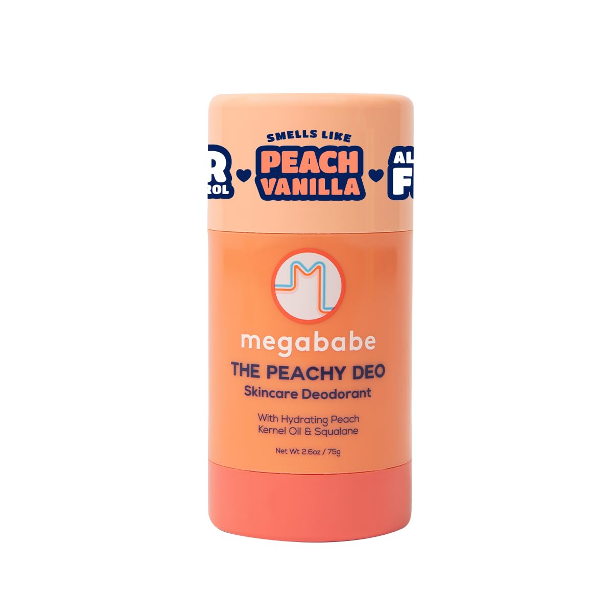 Megababe Peachy Deo frente, fragancia de durazno suave para sensación fresca diaria.