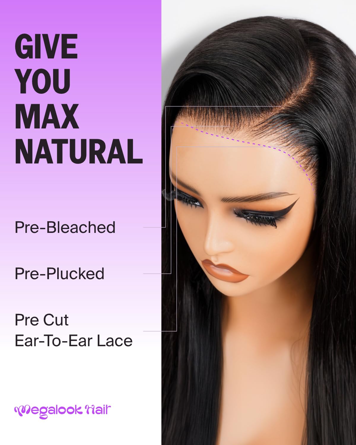 Megalook pre-cut, bleached knots for a natural parting.