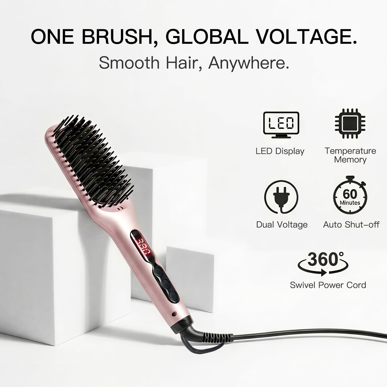 MEGAWISE Pro Ceramic Ionic Hair Straightener Brush dual voltage for travel compatibility.